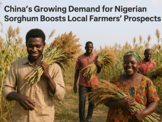 Nigerian farmers harvesting sorghum for export to China, symbolizing rising agricultural trade and local economic growth.