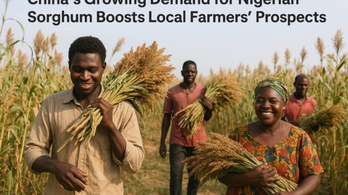 Nigerian farmers harvesting sorghum for export to China, symbolizing rising agricultural trade and local economic growth.