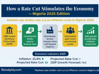 How a rate cut stimulates the economy — Nigeria 2025 infographic showing inflation trends and business impacts