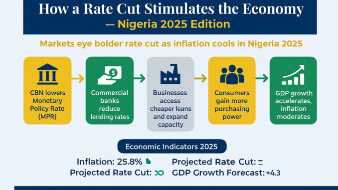 How a rate cut stimulates the economy — Nigeria 2025 infographic showing inflation trends and business impacts